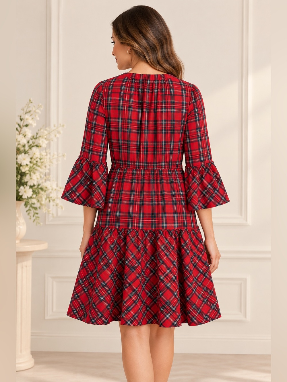 Draper James Red Plaid Tartan Bell Sleeve Dress Size L - Picture 2 of 5